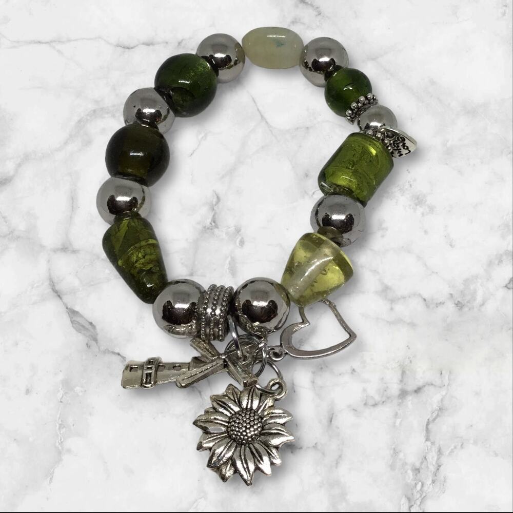 Unique Glass Beads Green Mixed Media Charm Handcrafted Stretch Bracelet